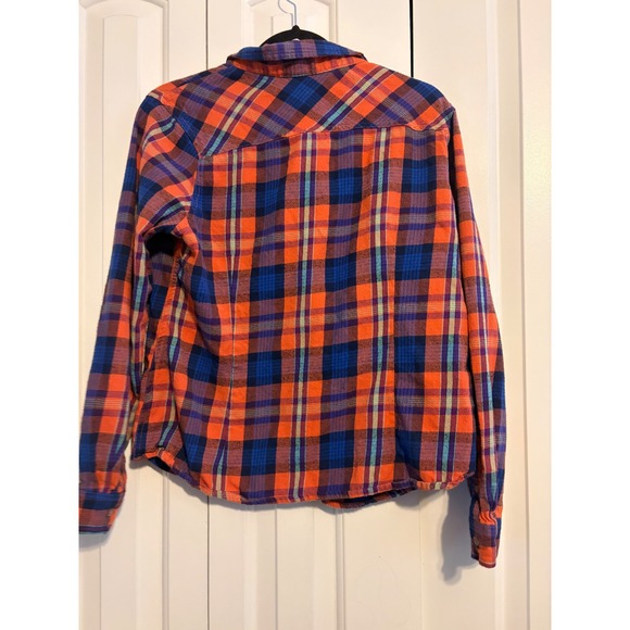 Mossimo Supply Co Flannel Button Up Shirt Orange Blue Plaid XL Utility‎ Style - Picture 5 of 6